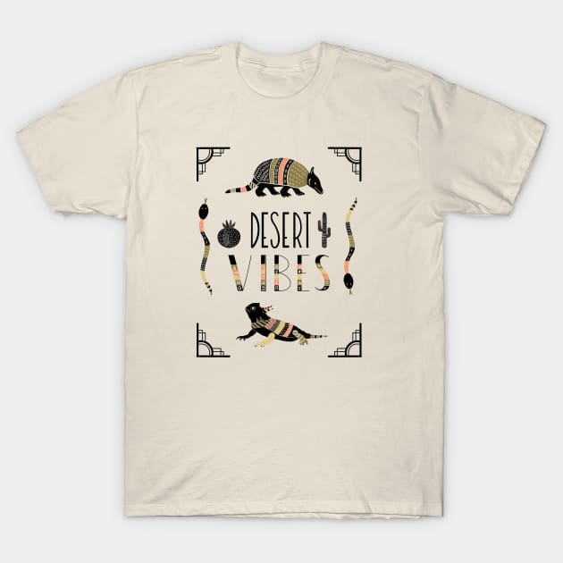 Desert Vibes Armadillo and Horned Lizard Southwestern Art Deco Motif T-Shirt by ksrogersdesigns